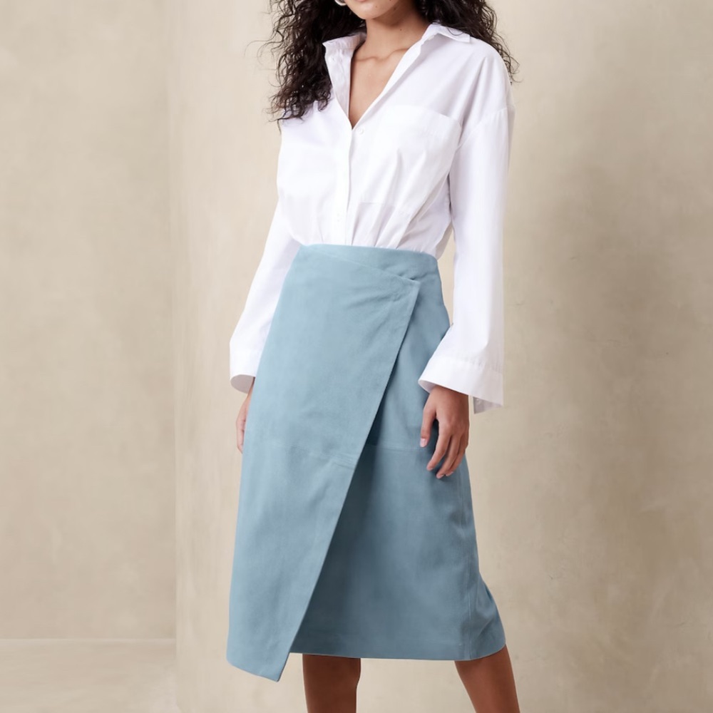 Banana Republic Helena Suede Wrap Skirt in Seaglass Blue